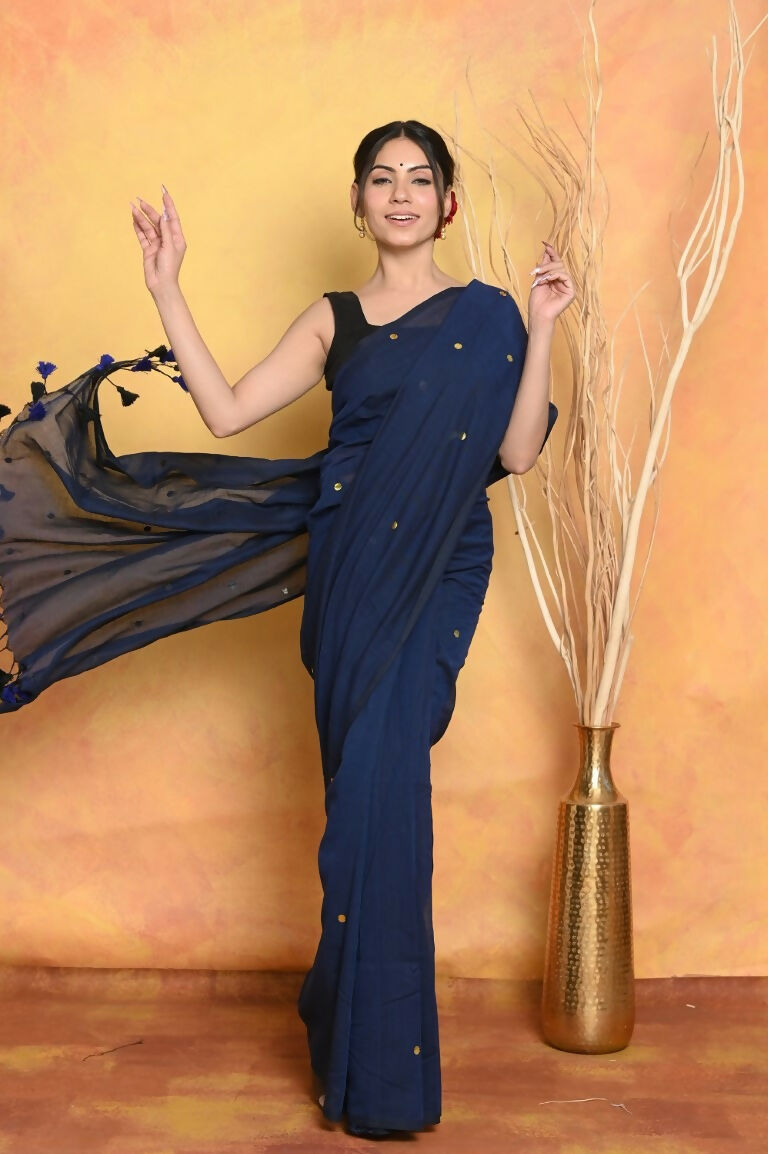 Very Much Indian Pure Mul Cotton Handloom Saree - Dark Blue - Distacart