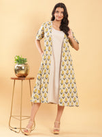 Thumbnail for BohoJazz Vegetable Dye Handblock Jacket with Beige Linen Dress