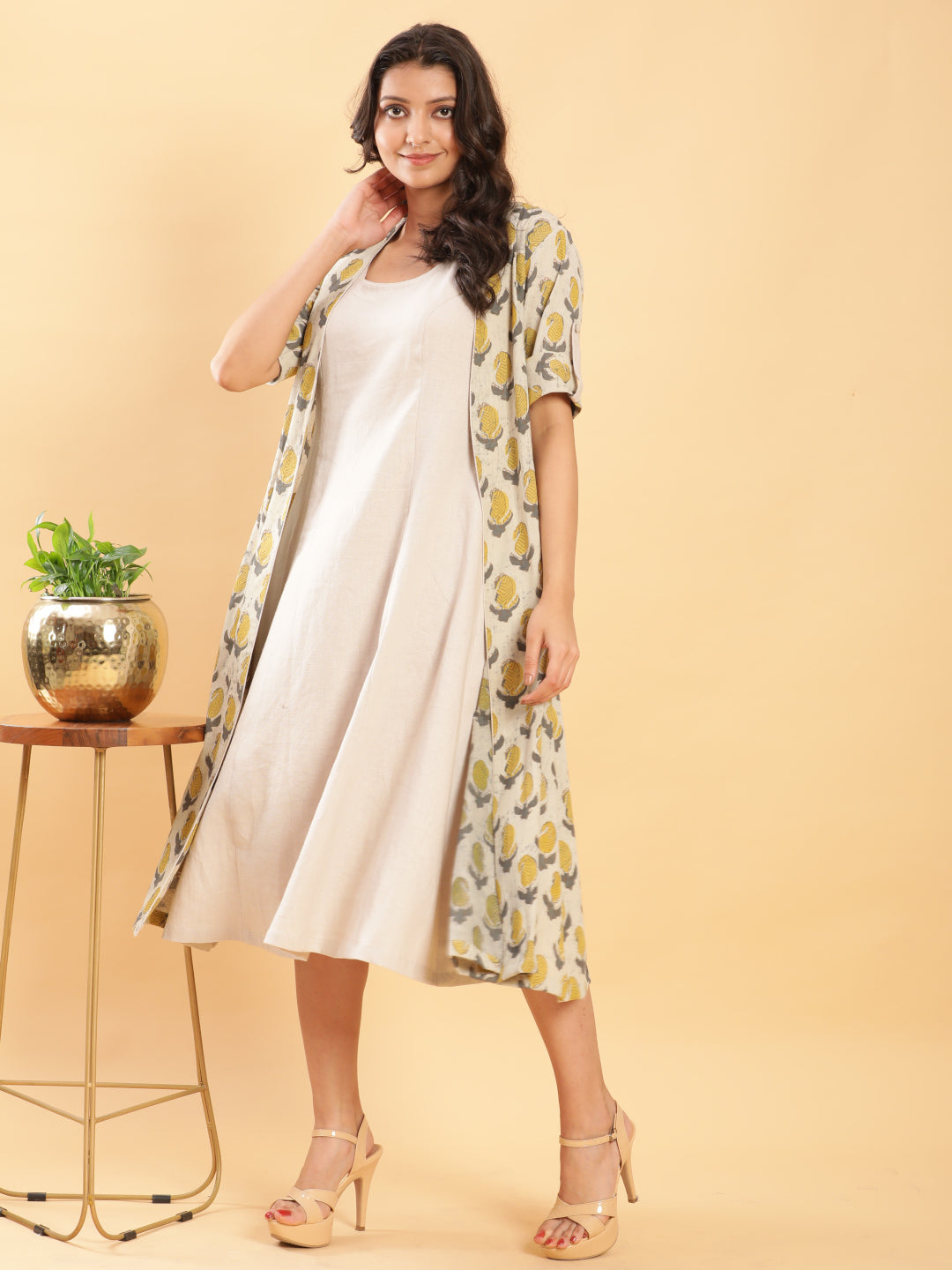 BohoJazz Vegetable Dye Handblock Jacket with Beige Linen Dress