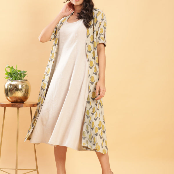 BohoJazz Vegetable Dye Handblock Jacket with Beige Linen Dress