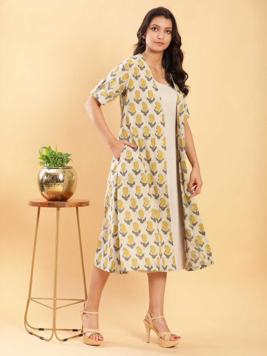 BohoJazz Vegetable Dye Handblock Jacket with Beige Linen Dress