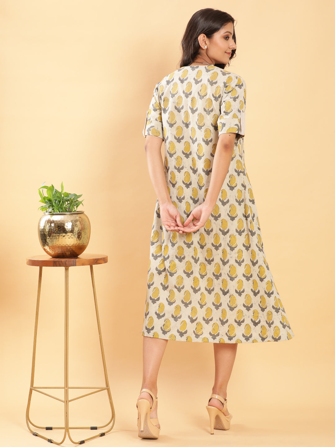 BohoJazz Vegetable Dye Handblock Jacket with Beige Linen Dress