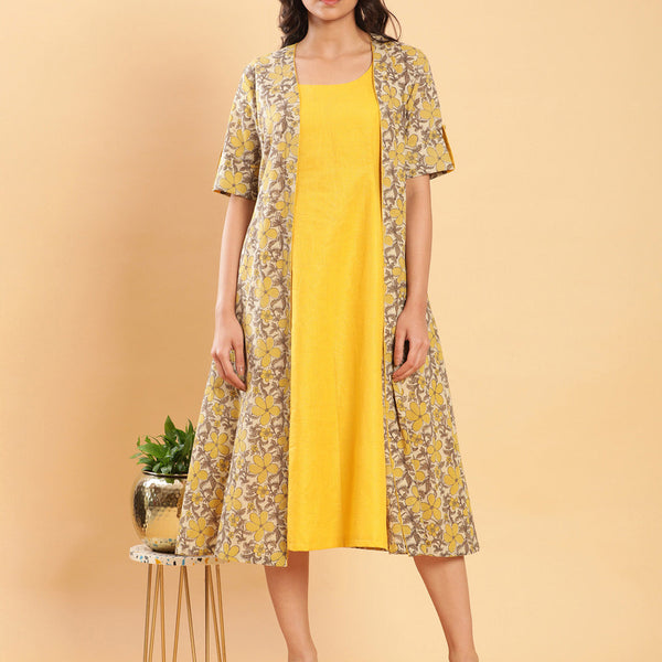 BohoJazz Vegetable Dye Handblock Jacket with Chrome Yellow Linen Dress