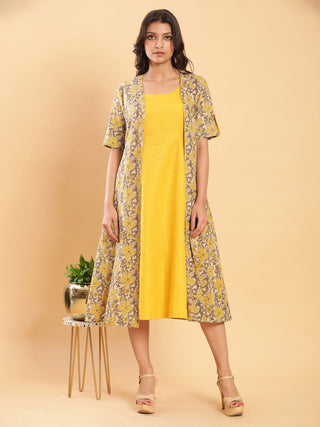 BohoJazz Vegetable Dye Handblock Jacket with Chrome Yellow Linen Dress