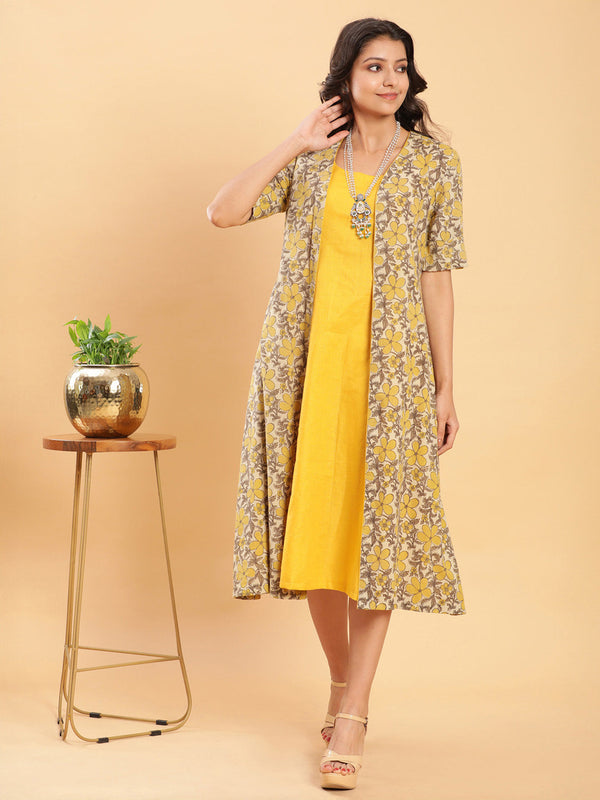 BohoJazz Vegetable Dye Handblock Jacket with Chrome Yellow Linen Dress