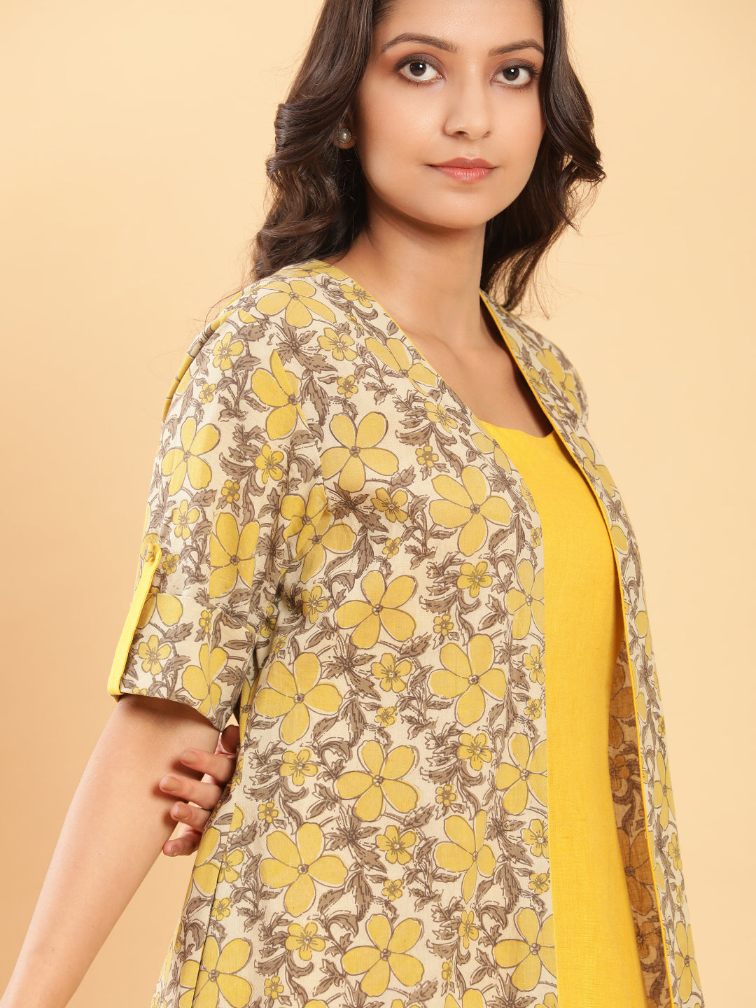 BohoJazz Vegetable Dye Handblock Jacket with Chrome Yellow Linen Dress