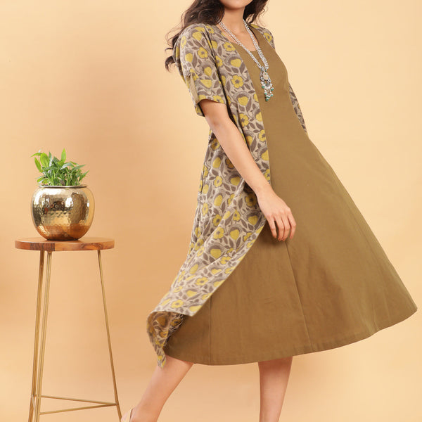 BohoJazz Vegetable Dye Handblock Jacket with Olive Green Linen Dress