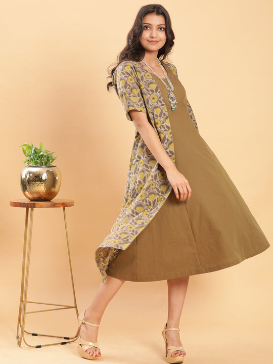 green emerald velvet dress BohoJazz Vegetable Dye Handblock Jacket with Olive Green Linen Dress