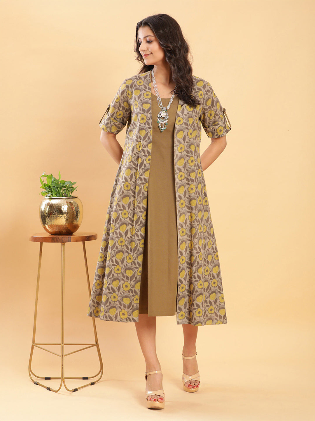 BohoJazz Vegetable Dye Handblock Jacket with Olive Green Linen Dress