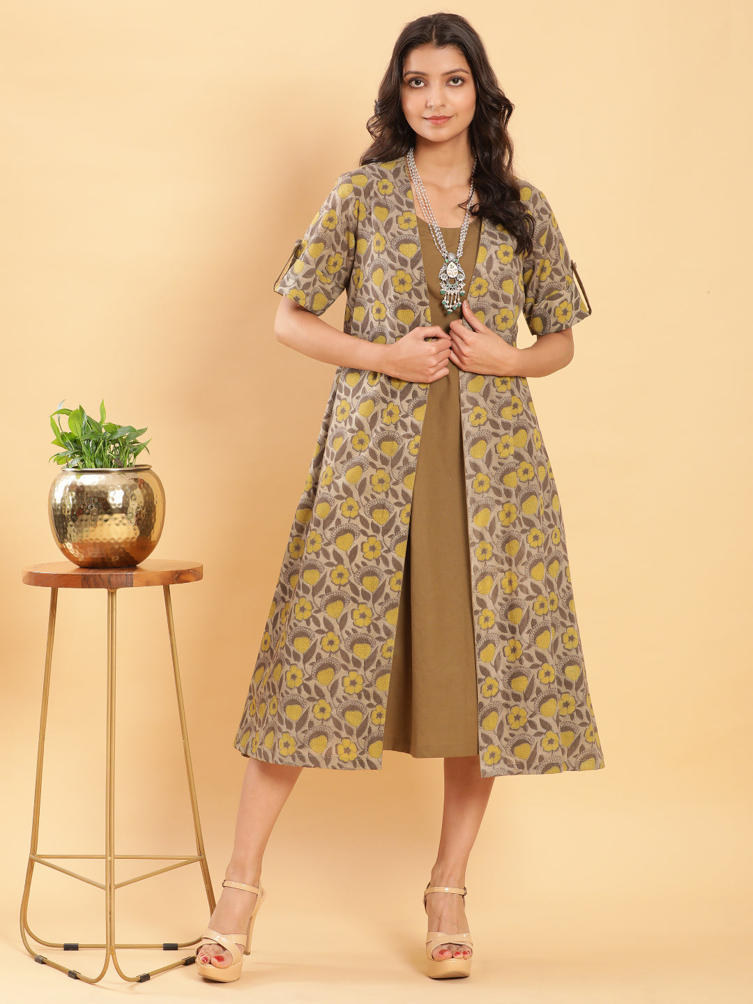 BohoJazz Vegetable Dye Handblock Jacket with Olive Green Linen Dress