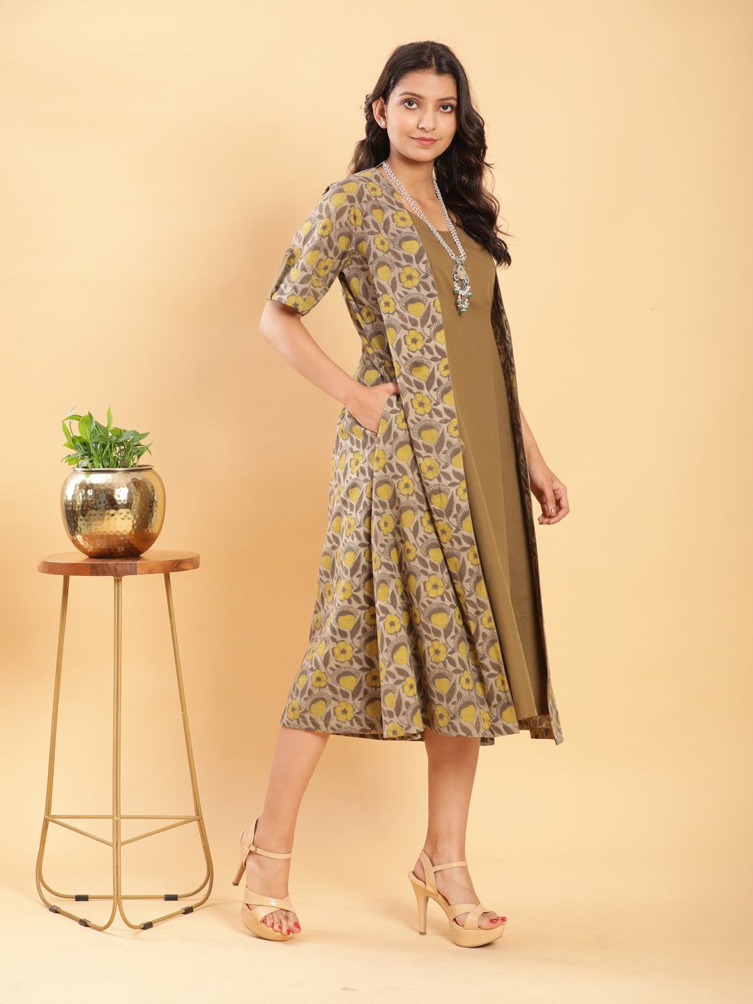 BohoJazz Vegetable Dye Handblock Jacket with Olive Green Linen Dress