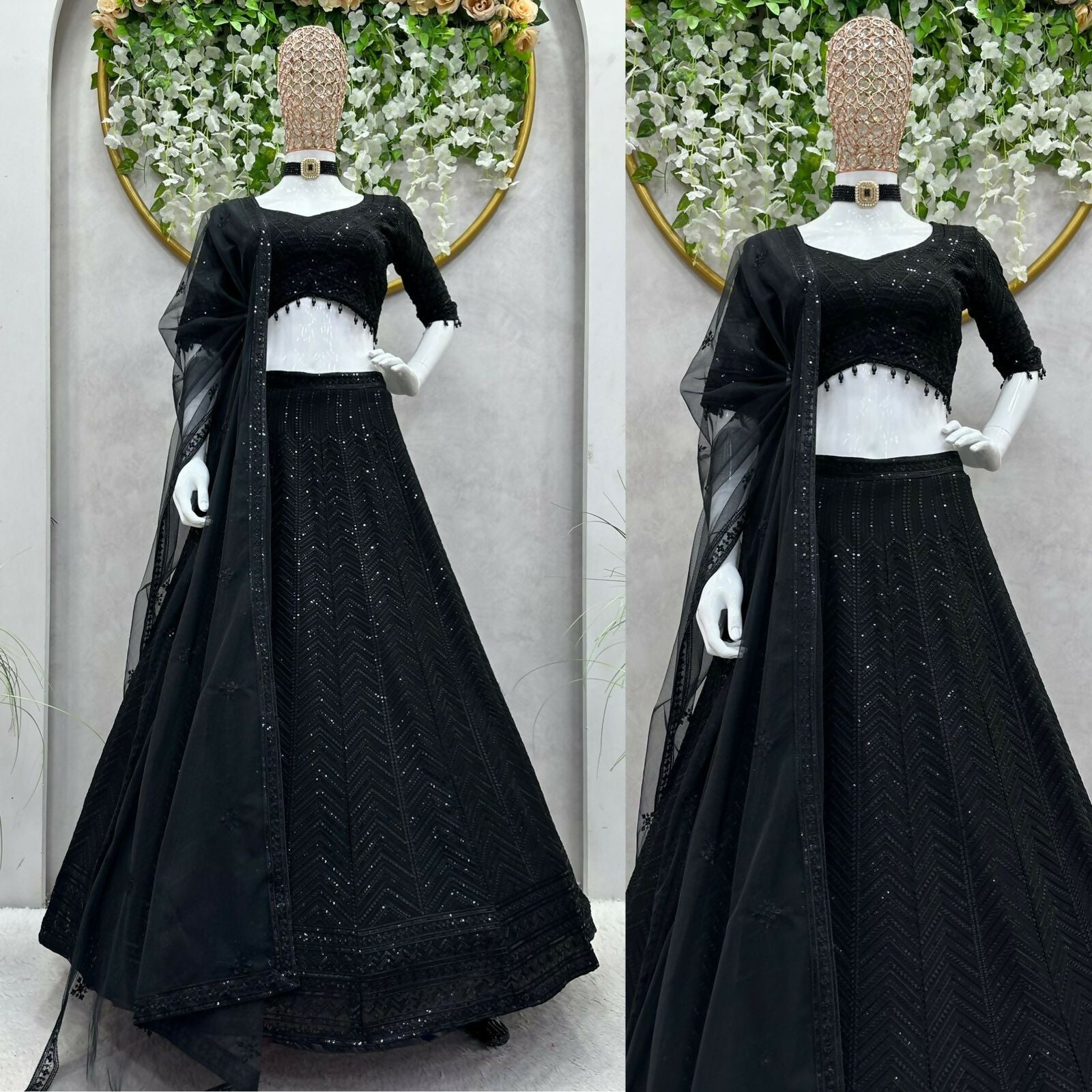 Preksha Creation Black Foux Gorgette With Thread With Sequnce Women Lehanga Choli - Distacart