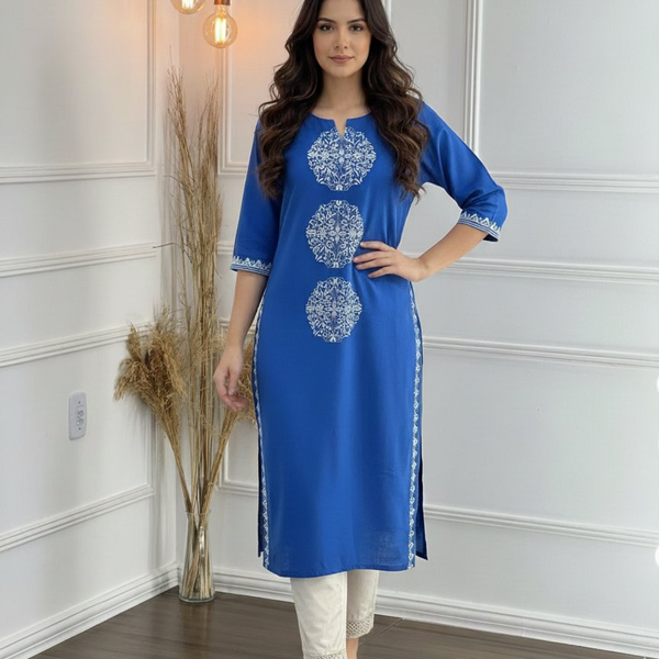 BulBul Hazel Blue Embroidered Solid Cotton Kurta Set