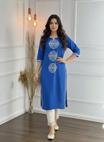 Thumbnail for BulBul Hazel Blue Embroidered Solid Cotton Kurta Set