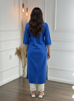 Thumbnail for BulBul Hazel Blue Embroidered Solid Cotton Kurta Set