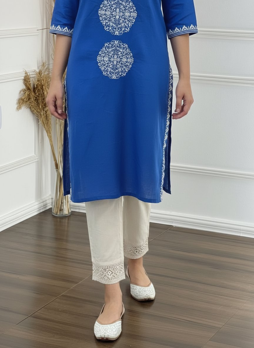 BulBul Hazel Blue Embroidered Solid Cotton Kurta Set