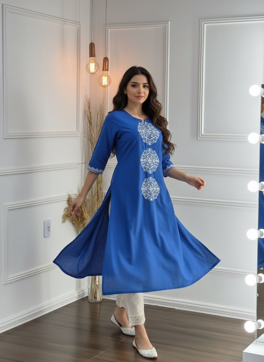 BulBul Hazel Blue Embroidered Solid Cotton Kurta Set