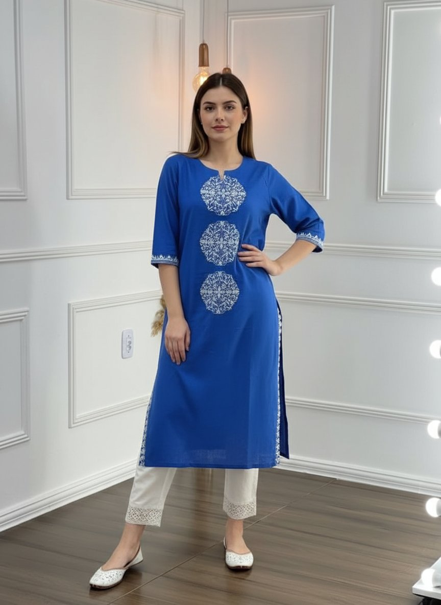 BulBul Hazel Blue Embroidered Solid Cotton Kurta Set