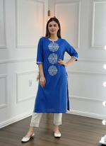 Thumbnail for BulBul Hazel Blue Embroidered Solid Cotton Kurta Set