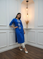 Thumbnail for BulBul Hazel Blue Embroidered Solid Cotton Kurta Set