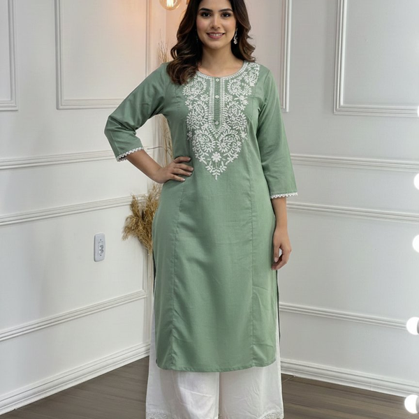 BulBul Hazel Green Embroidered Cotton Kurta Set