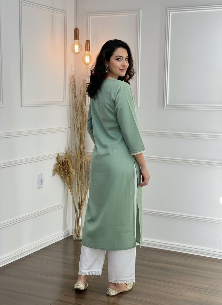 BulBul Hazel Green Embroidered Cotton Kurta Set
