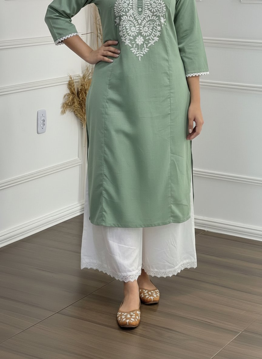BulBul Hazel Green Embroidered Cotton Kurta Set