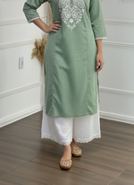 Thumbnail for BulBul Hazel Green Embroidered Cotton Kurta Set