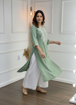 Thumbnail for BulBul Hazel Green Embroidered Cotton Kurta Set