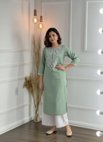 Thumbnail for BulBul Hazel Green Embroidered Cotton Kurta Set