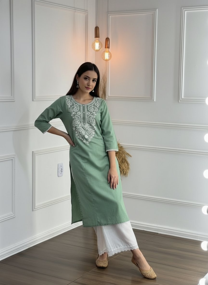 BulBul Hazel Green Embroidered Cotton Kurta Set
