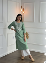 Thumbnail for BulBul Hazel Green Embroidered Cotton Kurta Set