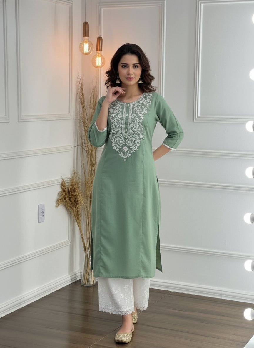 BulBul Hazel Green Embroidered Cotton Kurta Set