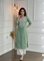 Thumbnail for BulBul Hazel Green Embroidered Cotton Kurta Set
