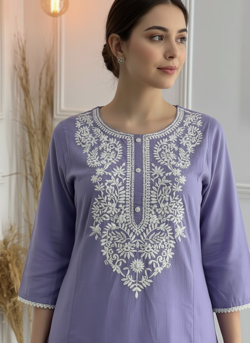 BulBul Hazel Purple Embroidered Cotton Kurta Set