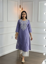 Thumbnail for BulBul Hazel Purple Embroidered Cotton Kurta Set