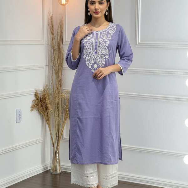 BulBul Hazel Purple Embroidered Cotton Kurta Set