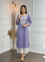 Thumbnail for BulBul Hazel Purple Embroidered Cotton Kurta Set