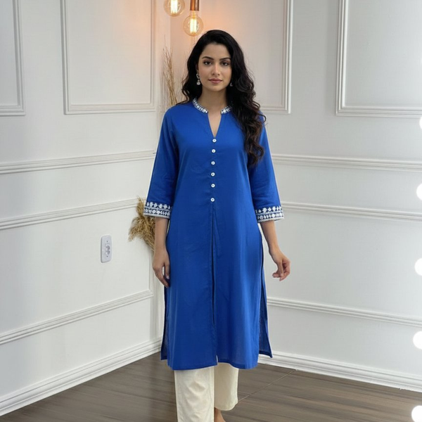 BulBul Hazel Blue Embellished Solid Cotton Kurta Set