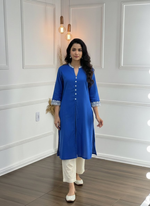 Thumbnail for BulBul Hazel Blue Embellished Solid Cotton Kurta Set