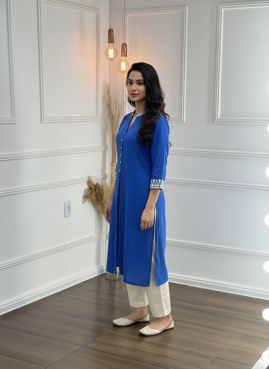BulBul Hazel Blue Embellished Solid Cotton Kurta Set