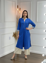 Thumbnail for BulBul Hazel Blue Embellished Solid Cotton Kurta Set