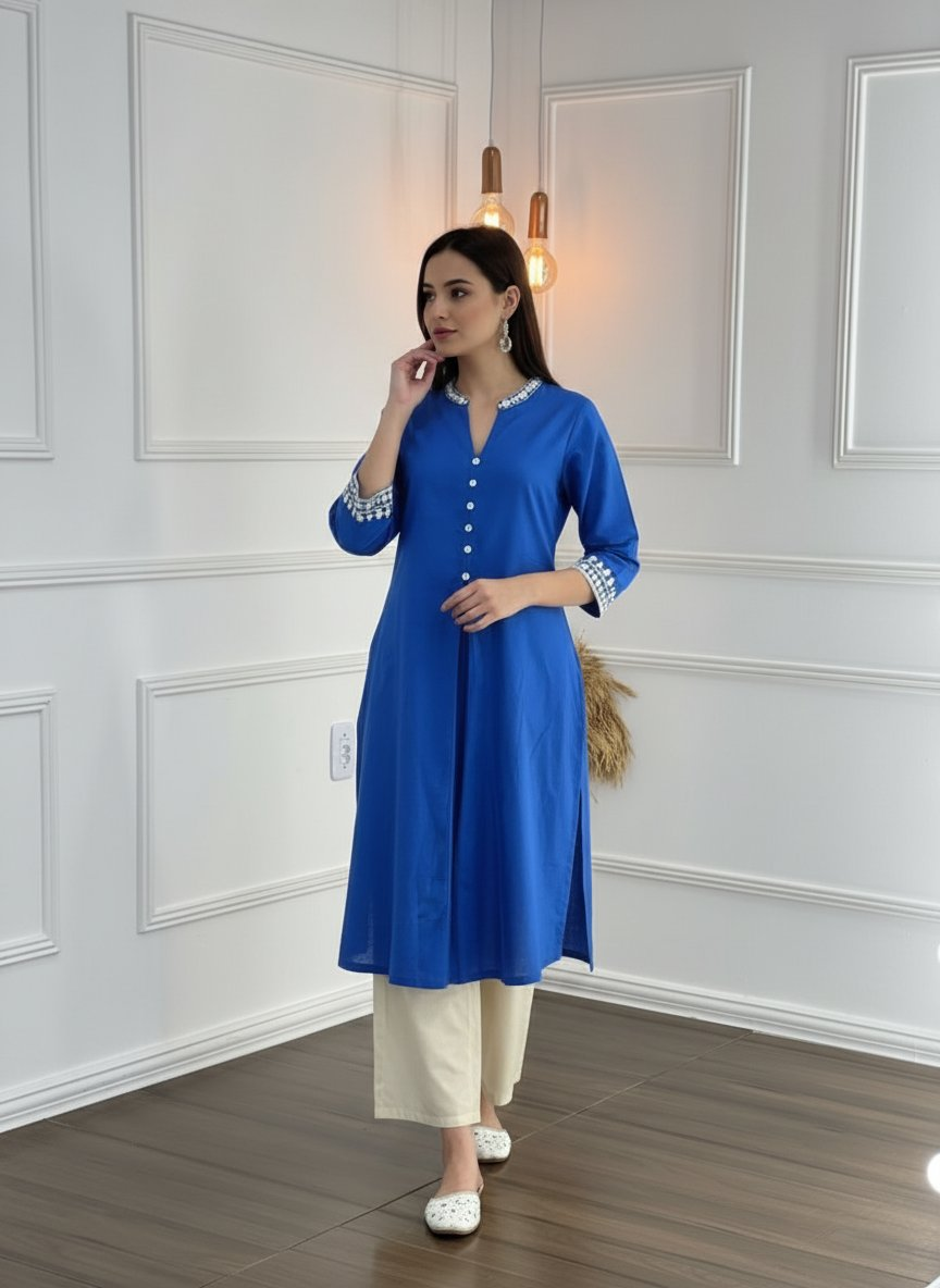 BulBul Hazel Blue Embellished Solid Cotton Kurta Set