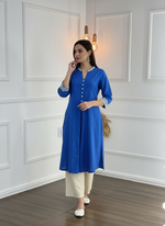 Thumbnail for BulBul Hazel Blue Embellished Solid Cotton Kurta Set