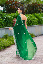 Thumbnail for Vastranavya Green Embroidery Work Shimmer Chiffon Saree with Unstitched Blouse