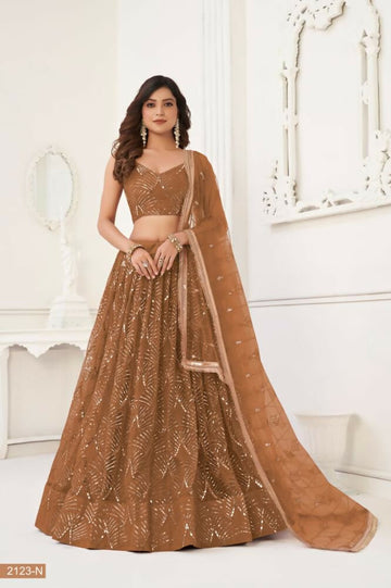 Aastha Fashion Brown Butterfly Net Tone To Tone Thread Work, Sequence Work And Original Mirror Work Embroidery Wedding Wear Lehenga Choli - Distacart