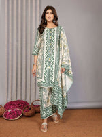 Thumbnail for Joban Fashion Women Off White & Forest Green Linen Printed Stitched Kurta Set - Distacart