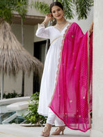 Thumbnail for The52 White Women's Gorgeous Embroidered Chanderi Fabric Straight Kurta, Pant and Dupatta Set - Distacart