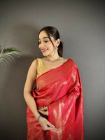 Thumbnail for Joban Fashion Red Paisley & Floral Soft Satin Silk Banarasi Silk Saree - Distacart