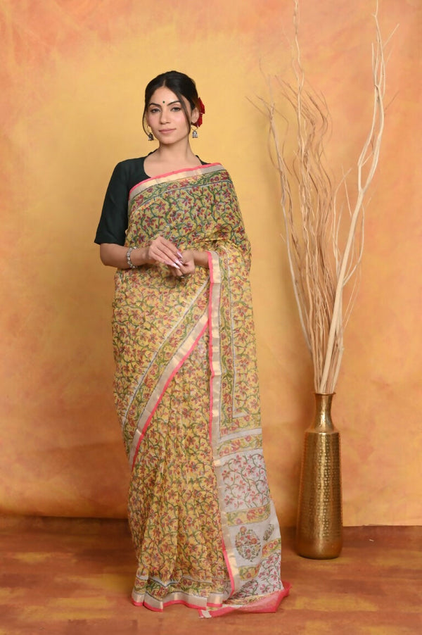 Very Much Indian Pure Kota Cotton Handblock Printed Saree - Yellow - Distacart